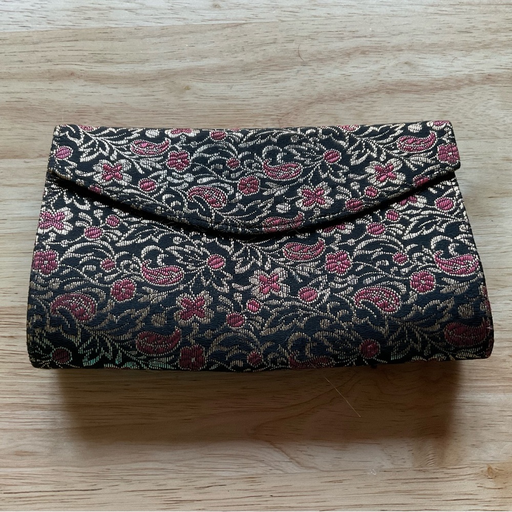 Vintage Elegant Black, Gold, and Red Floral Clutch Purse with Snap Closure.